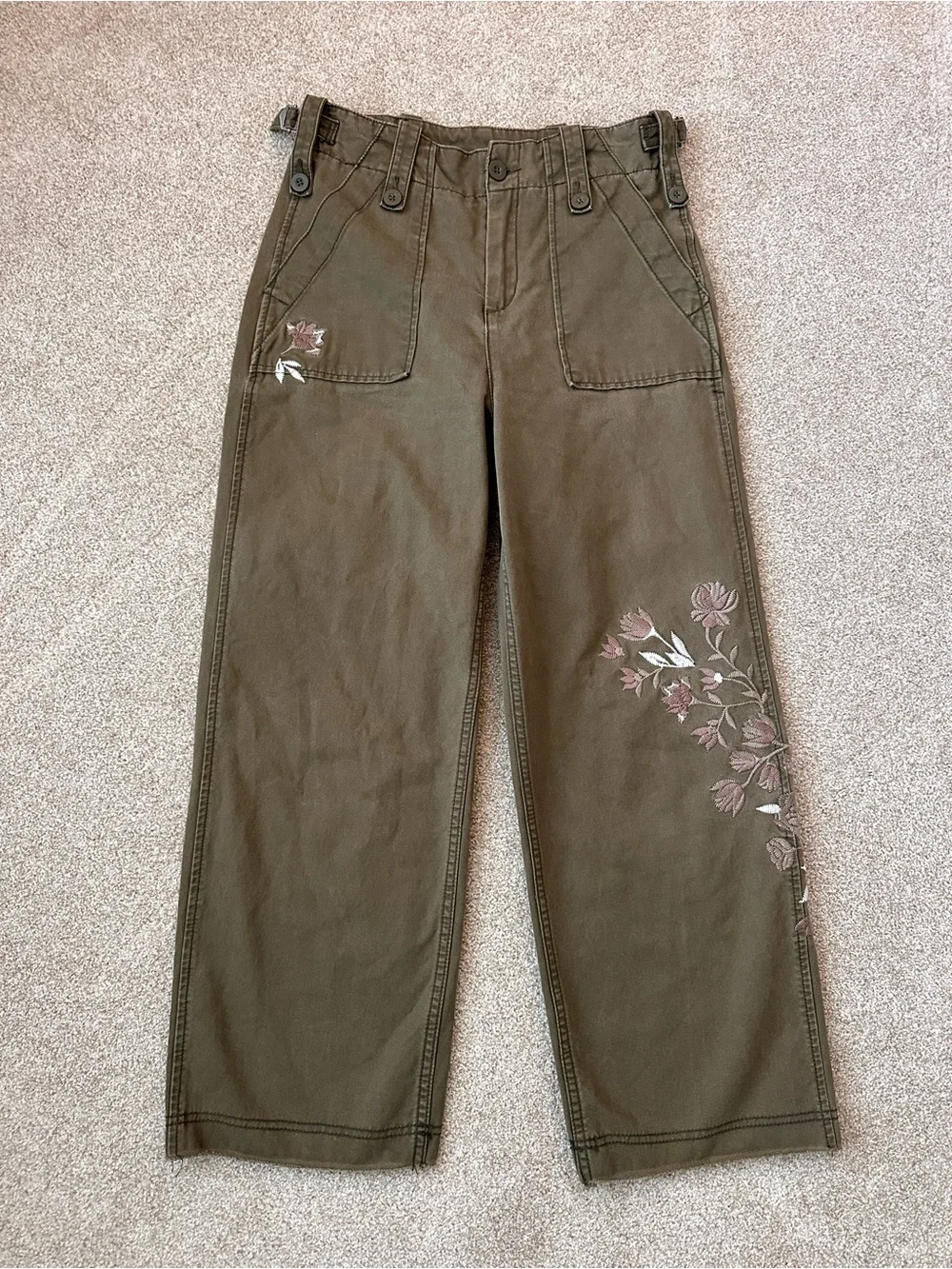 Free People Keep It Real Military Pant Olive Embroidered Floral Cropped Wide Leg